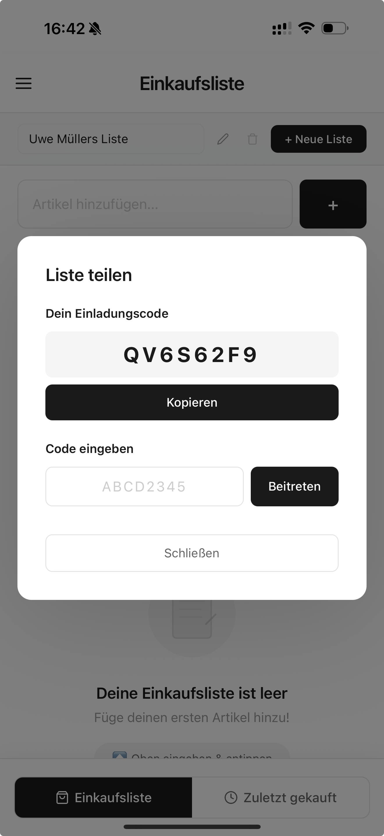 Liste teilen in Smoppy